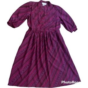 Vintage 80s Pink Maroon Print Midi Dress Size 6